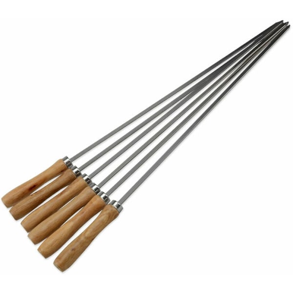 (42cm 6 stk.) Grillspyd i rustfrit stål med træhåndtag til grill