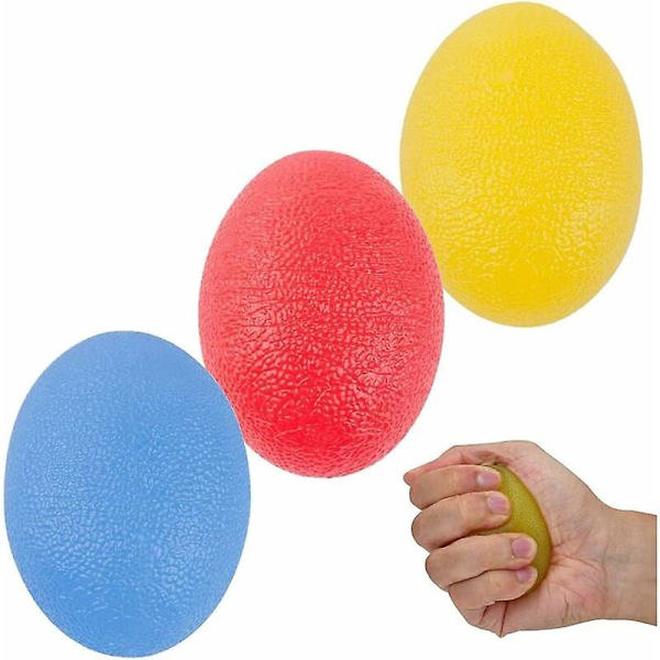 3-pack äggformade stressbollar fingertränare handtränare rehabilitering fingergreppsförstärkare fingerartrit smärtlindring (röd, gul och blå),