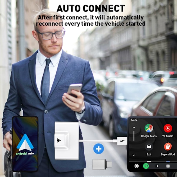 Trådlös Android Auto-adapter för bilar med fabriksmonterad trådbunden Android Auto