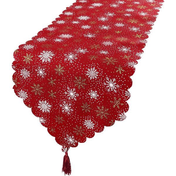 Joulunpunainen pöytäjalka 33x180cm pellava lumihiutale printed