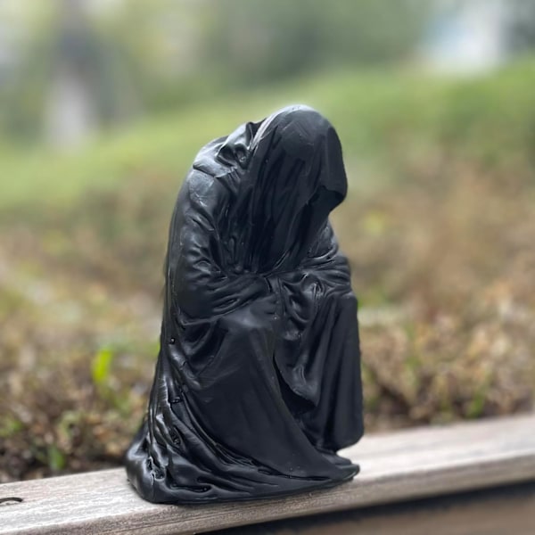 Grim Reaper Sittande Staty Gotisk Läskig Konst Dekor Svart Robe Mystik