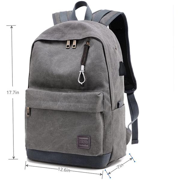 Reppu, Canvas Business Travel Backpack, Oppilaitoskoululaukku, Läppärireppu, Ulkoinen USB-latauslaukku kuulokeliitännällä (Harmaa)