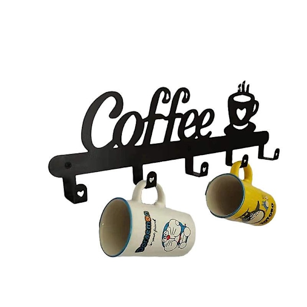 Väggmonterad kaffekoppshållare (4 krokar), kök eller kaffebar dekor skylt, för kaffekopphängare display och arrangör