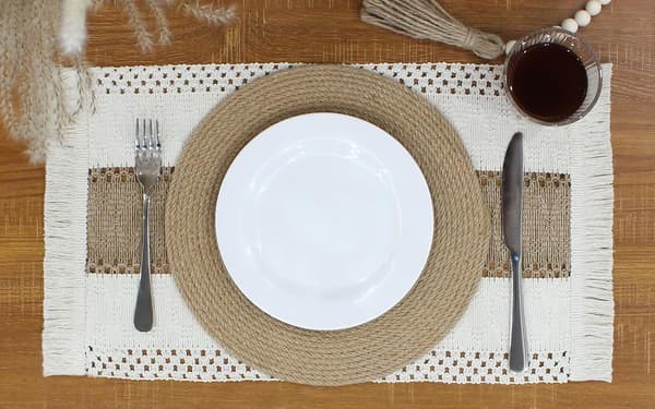 Boho-bordbrikker, sett med 4, makramé-borddekor og bondegårdstil