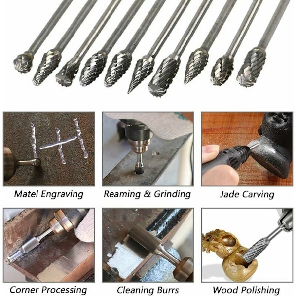 10 st Tungsten Carbide roterande borrar, Lone Port dubbelskär Lone roterande borr med 3 mm skaftfiler Rasp Twist Drill Poleringsverktyg Tillbehör, Längd 100 mm