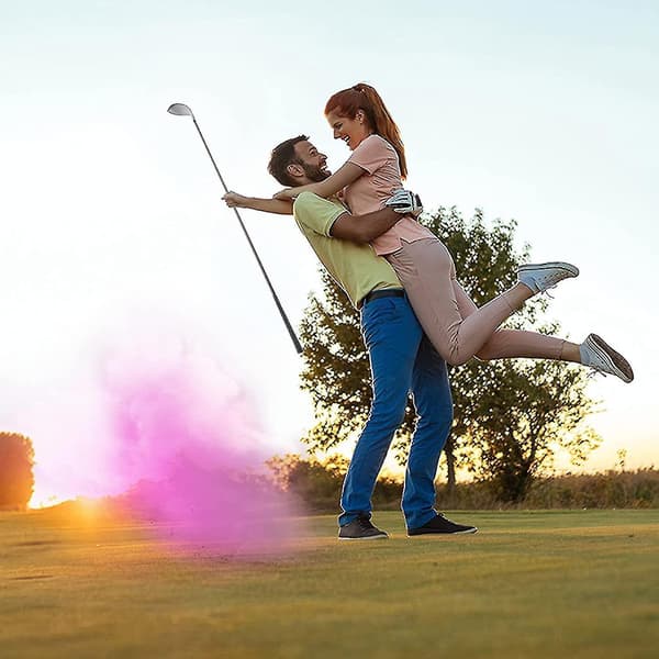 Könsavslöjande golfboll (1 rosa boll och 1 blå boll, 2 golftee) för könsavslöjande babyshower rökbomb exploderande kön