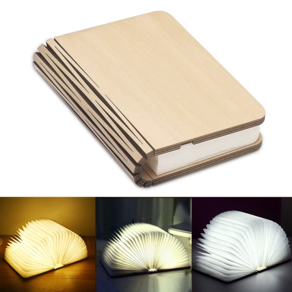 Wooden Book Lamp, Mini Foldable Led Book Light, USB Rechargeable