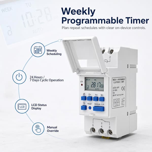 Modulär programmerbar timer för DIN-skena med digital LCD, 220V 30A, för elcentraler, varmvattenberedare och automatisk temperaturstyrning