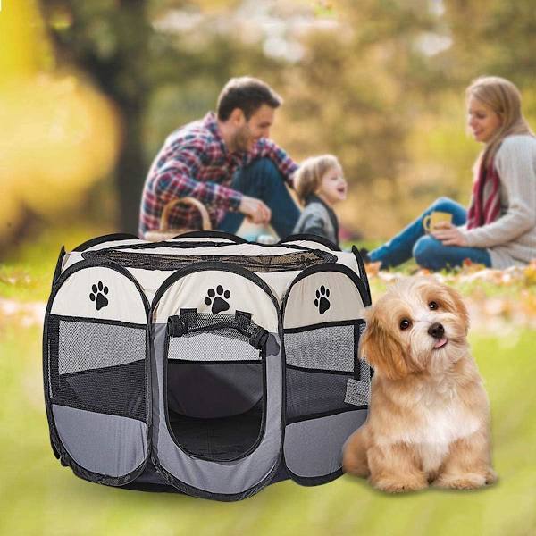 Hundlekhage, hopfällbar valphage, husdjurshage bärbar pop-up-tält 8-panel nätöverdrag bedårande design 600D mjuk Oxford lekhage kennel för inomhus-utomhus hund katt kanin. (M 35\" * 35\" * 24\", grå)