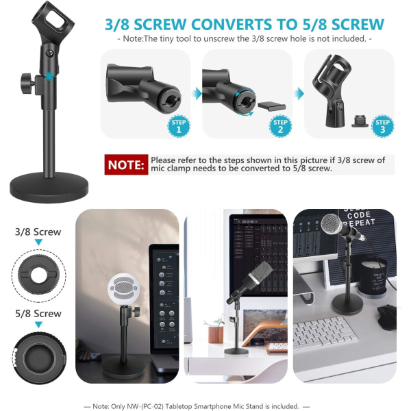 Stativ for skrivebordsmikrofon med jernbase, klips og 5/8\"-3/8\"