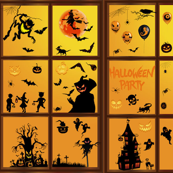 9 Ark 72 Stk Halloween Vindu Dekaler, Dobbeltsidig Skummelt
