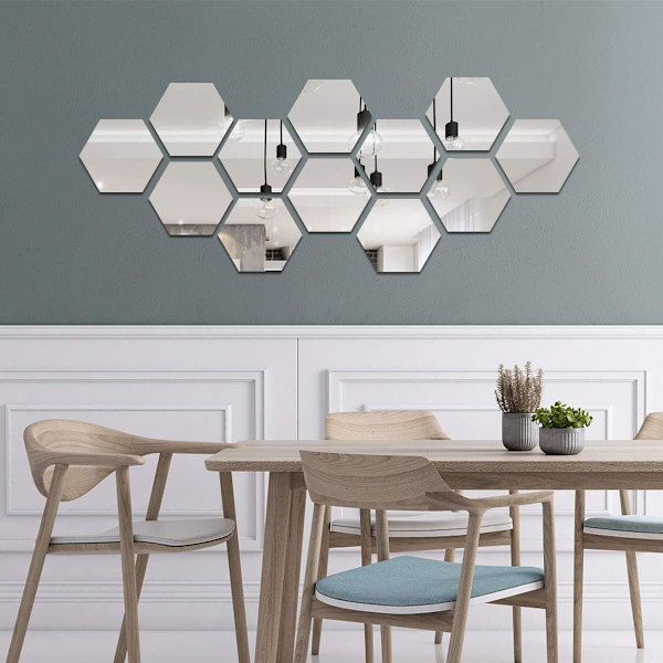 Sæt af 15 Hexagon Akryl Guld Vægspejle (9cm/Sølv) - Vægs D