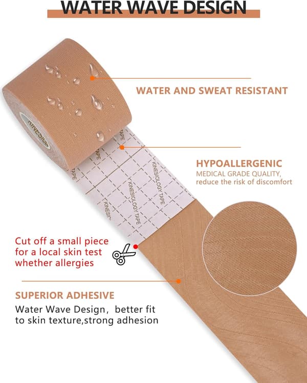 Elastisk terapeutisk sportstape - 6 ruller sæt, 5 cm x 5 meter pr. rulle (Beige)