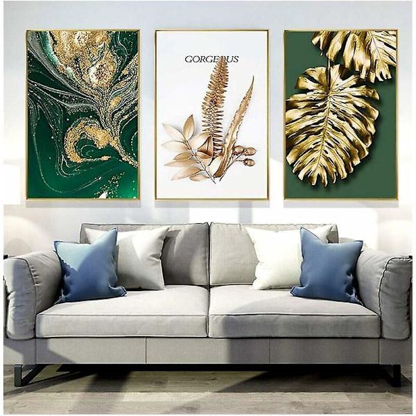 Set med 3 designväggposters med skog, guldblad, palm, oramad, väggdekor för vardagsrum - B - 30x40cm