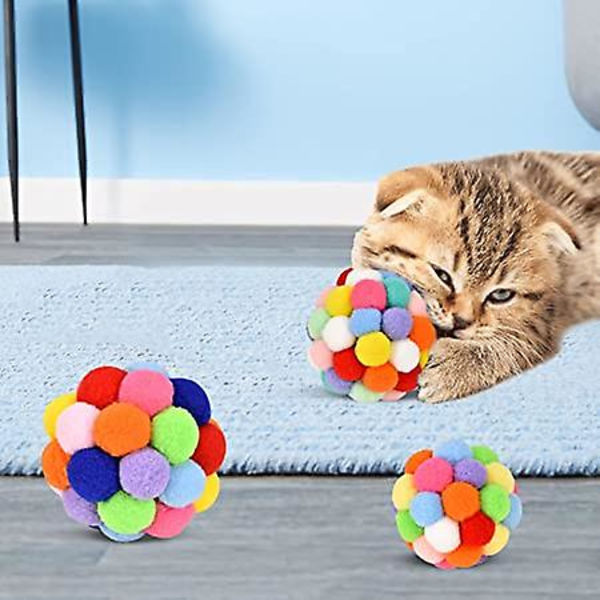 Katt leksak bollar med klocka (3-pack), TUSATIY färgglada mjuka luddiga bollar inbyggd klocka för katter, interaktiva leksaker för inomhuskatter och kattungar