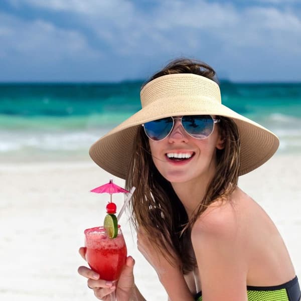 Foldbare solhatte af strå til kvinder, solbeskyttelse bredskygget solhatte justerbar topless strandhat, sort+beige