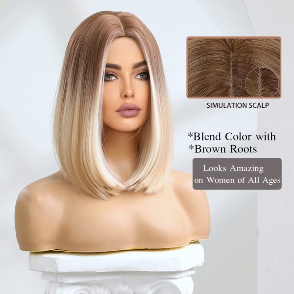 Kort Rak Ombre Blond Bob Syntetiskt Hår Peruk med Mörka