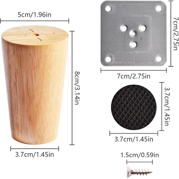 4 stk. 8 cm træmøbelben, udskiftning af massive træ sofaben med monteringsplade, skruer og skridsikker måtte, træ seng bordben til sofa skab