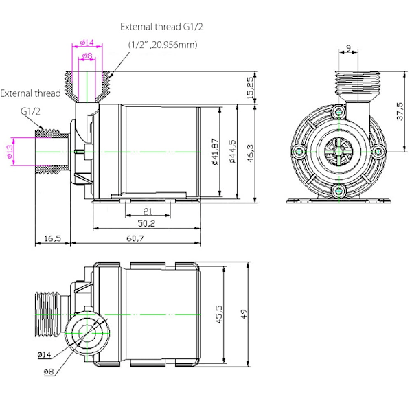 Erittäin hiljainen Mini DC 12V Nosto 5M 800L/H Harjaton Moottori Uppopainevesipumppu