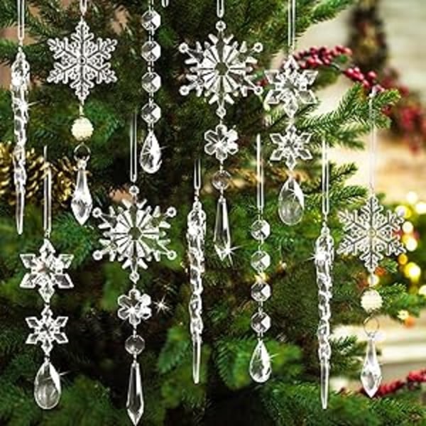 10 stycken kristalljulkulor för träddekorationer - Hängande akryl snöflinga iskristalldekorationer för vin