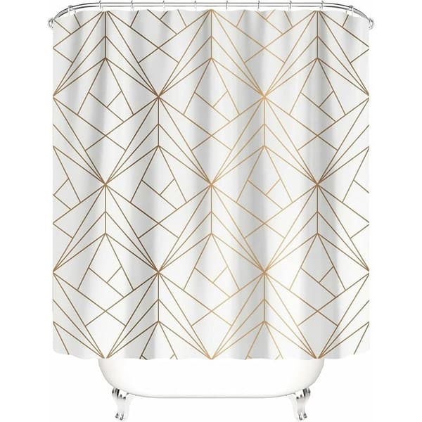 DESIGN Duschdraperi gyllengul linje trianglar badrum texti