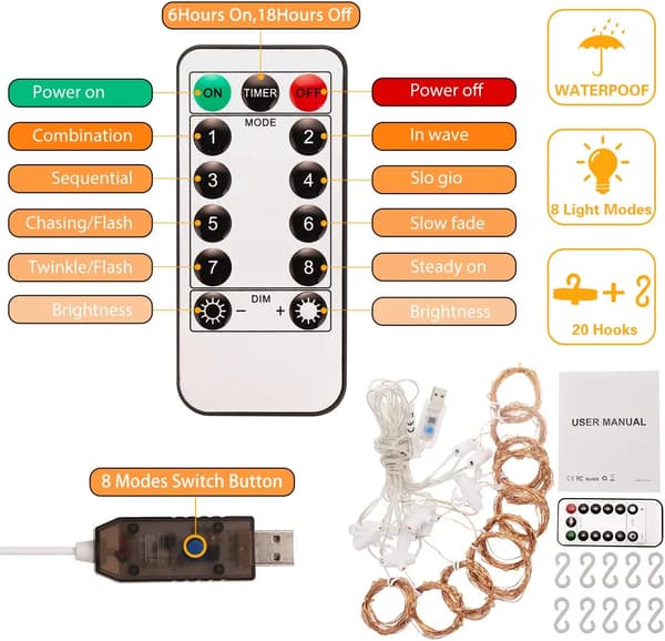 300 Lysgardin Lamper, LED Gardinlys med Timer af