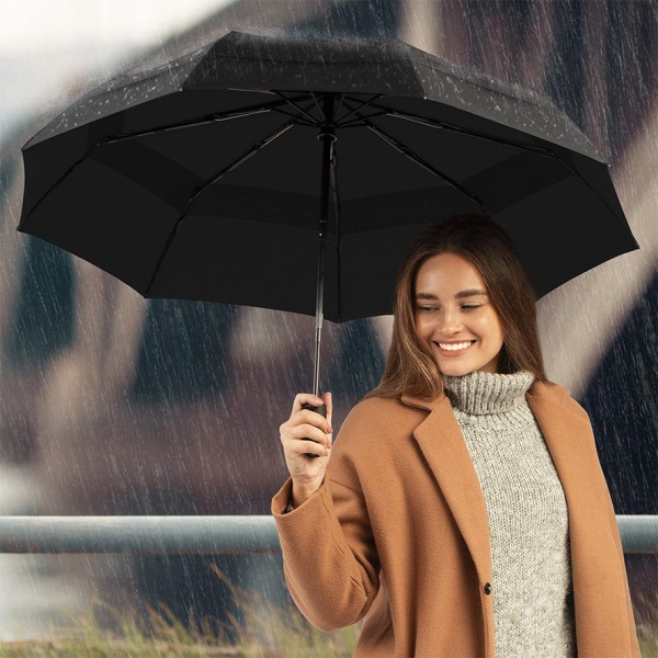 (svart) Paraply - automatiskt fällbart paraply - kompakt, litet,