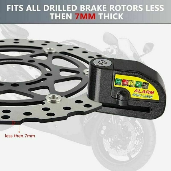 Antilåsing Alarm Disc Block for Motorsykkel og Scooter - Låsesystem med 110db Alarm - Levert med 2 Nøkler, 1,5m Antilåsing Kabel og 1 Bæreveske (Svart)