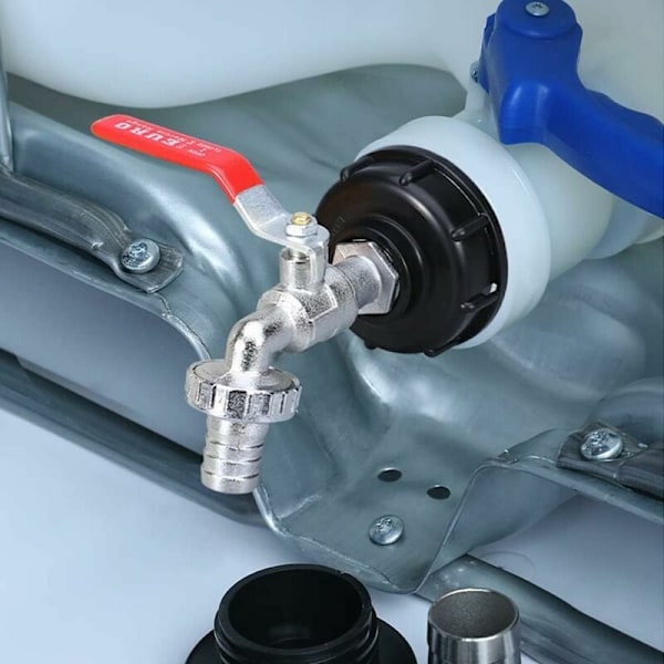 2 IBC Tank Adapters med 1/2\" gevind, hane til 1000L tank, regnvandsopsamlingshane, haneudløb, ventilforbindelse til haveslange
