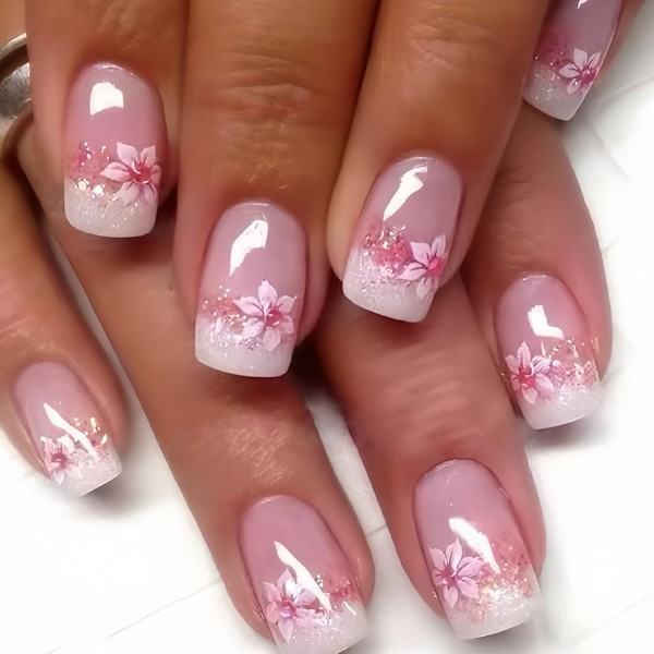 24 st French Tip Press-on Naglar Korta Kvadratiska Falska Naglar Rosa Blomma Full Cover Spets Limma på Naglar Design Nagelkonst Su