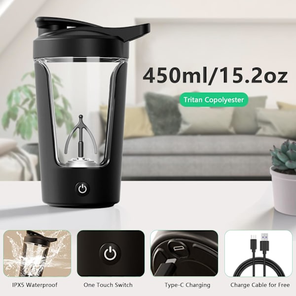 Elektrisk Shakerflaske, 15oz Proteinblandingskop, USB Genopladelig Shakerkopper til Protein, Mælk, Måltidsudskiftning Shakes
