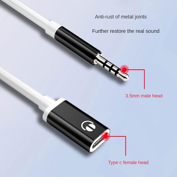 2 kpl Musta 3,5 mm:n uros - Type-C naaras audiokaapeli
