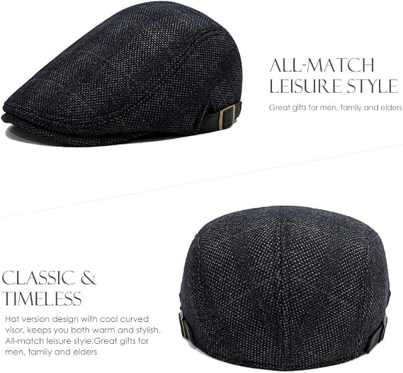 Hatt for menn, flat beret, justerbar, høst og vinter