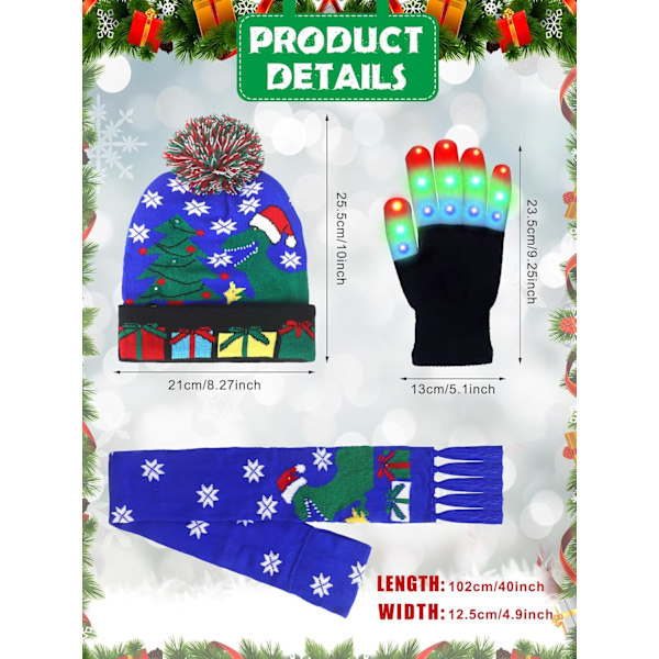 3-pack LED-upplyst julhatt, halsduk och vantar - Julset med stickad mössa för julparty