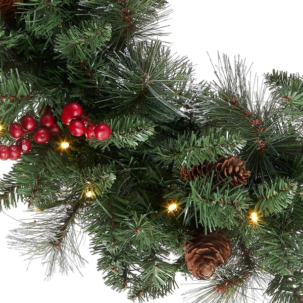 Silver Bristle Spruce Krans, Kottar, Röda Bär, 61 cm, Batteri, Grön, 51 cm, 1