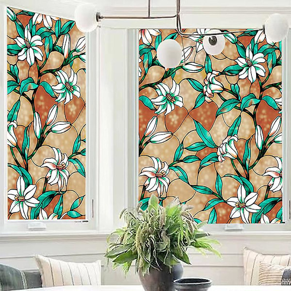 (Gul, 44.5x300cm)Farget glass vindusfilm Personvern Frosted glass film Statisk klamring Glass klistremerke Ikke-klebende vindusfilm Blomsterdekorativ film Ba