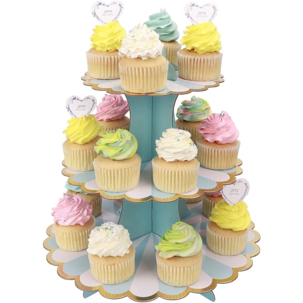 (Blå32cm*30cm) 3-vånings Cupcake-ställ Kartong Cupcake-ställ för