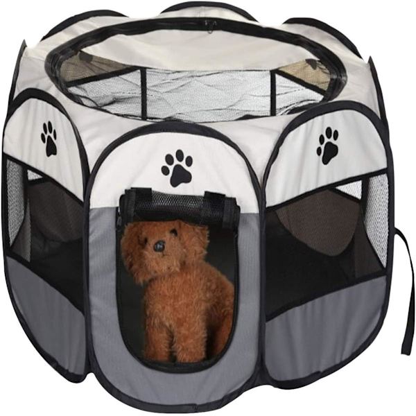 Hundlekhage, hopfällbar valphage, husdjurshage bärbar pop-up-tält 8-panel nätöverdrag bedårande design 600D mjuk Oxford lekhage kennel för inomhus-utomhus hund katt kanin. (M 35\" * 35\" * 24\", grå)