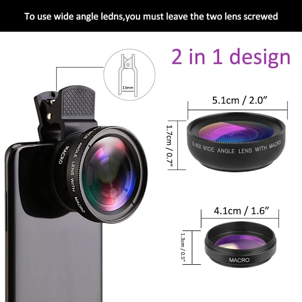 Mobilkameraobjektiv 2 i 1 Clip-on-linskit 37mm 0.45X 49UV Supervidvinkel & Makro Telefonkameraobjektiv för iPhone