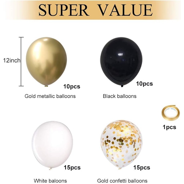 Guld Konfetti Sort Ballon, 50 Styk 12 Tommer Hvid Latex Fest