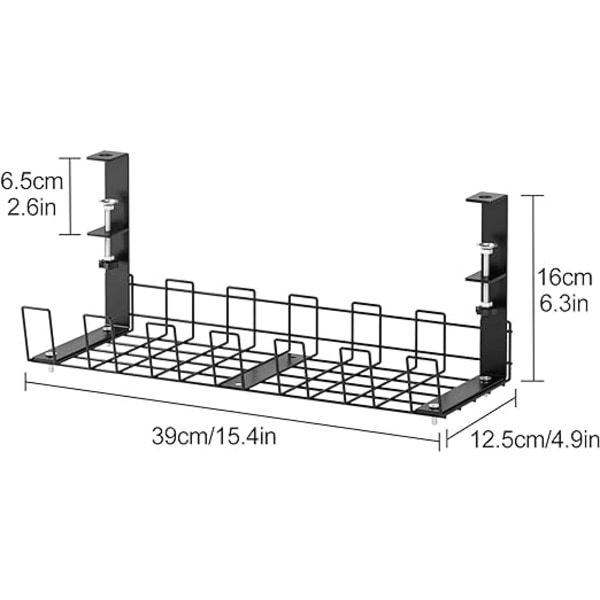 1 stk. Sort Under Desk Kabelstyringsskuffe, Ingen Boring, Metal