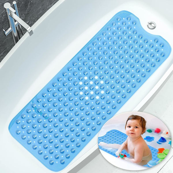 Badematte, 100 x 40cm Ekstra Lang, Slitesterk (Blå), Badekarmatte, Sikkerhet