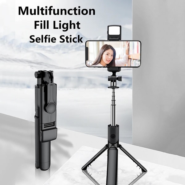 Expanderbar och portabel selfiesticka med avtagbar trådlös fjärrkontroll och stabilt stativ
