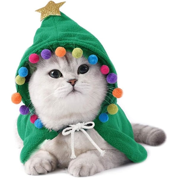 Julkappmantel för katt med stjärna och pompoms, julhatt, litet cape för hund och katt, kamouflage julgran C