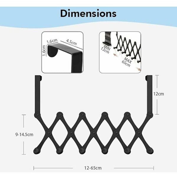 Dörrklädhängare, utdragbar klädhängare, dörrhängare med 6 krokar, klädhängare utan borrning, svart färg