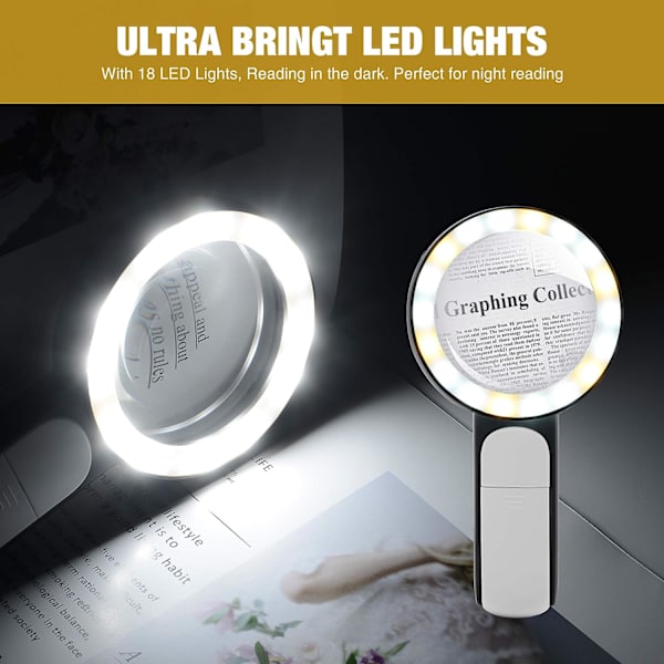 Förstoringsglas med ljus, 30X Handhållen Stor 18LED Kallt och Varm Ljus med 3 Lägen, Upplyst Förstoringsglas