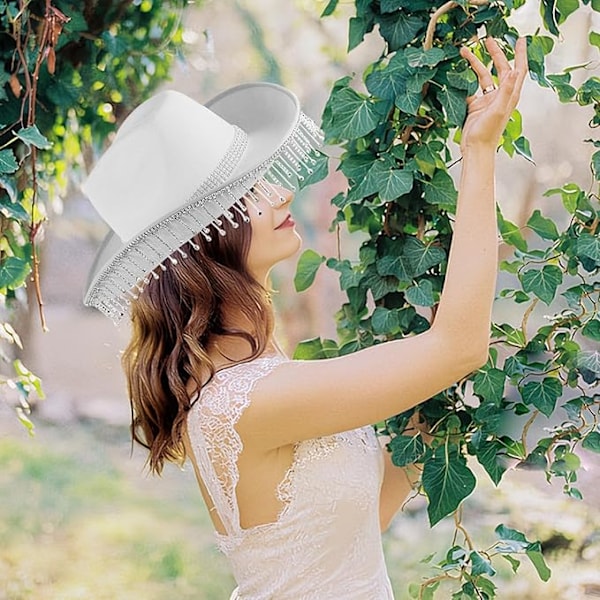 Imitert Cowboyhatt, Rhinestone-Strippet Cowgirlhatt med Kinnrem, Glitter Cowboyhatt
