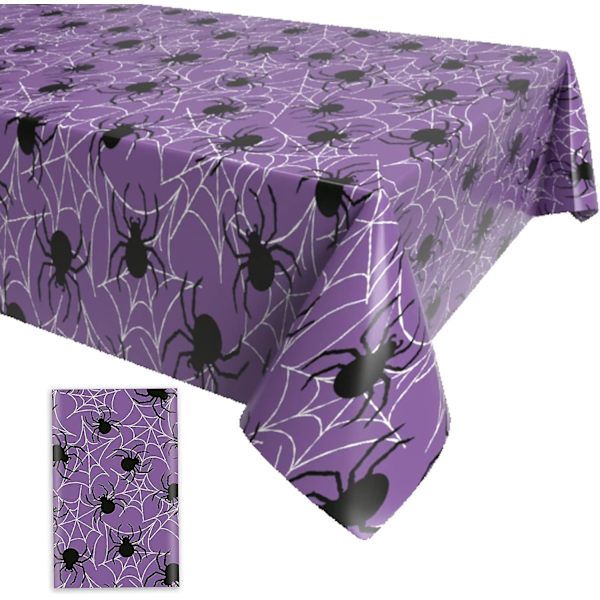 Halloween-bordsduk, rektangulär, plast, 130 x 220 cm, lila spindelnät, stor, vattentät bordsduk för Halloween-dekorationer inomhus och utomhus
