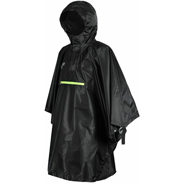 Regnfrakke til mænd og kvinder, vandtæt regntøj med refleks, regnponcho med refleksstribe, Model: Sort - Sort