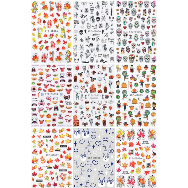 Höst- och Halloween-Nagelklistermärken, 9 Ark Självhäftande 3D